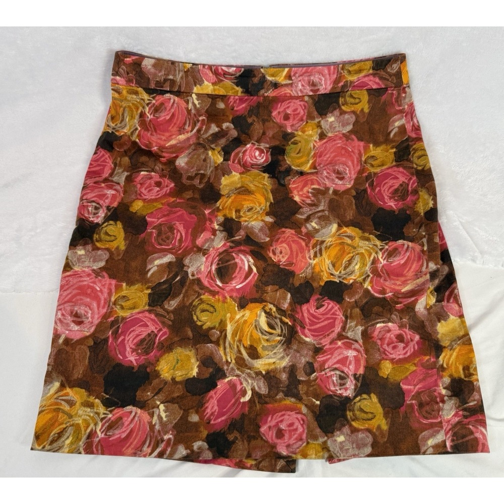 J.Crew Floral Skirt Painted‎ Brown Pink Rose Cottagecore Fall Stretch Artsy READ